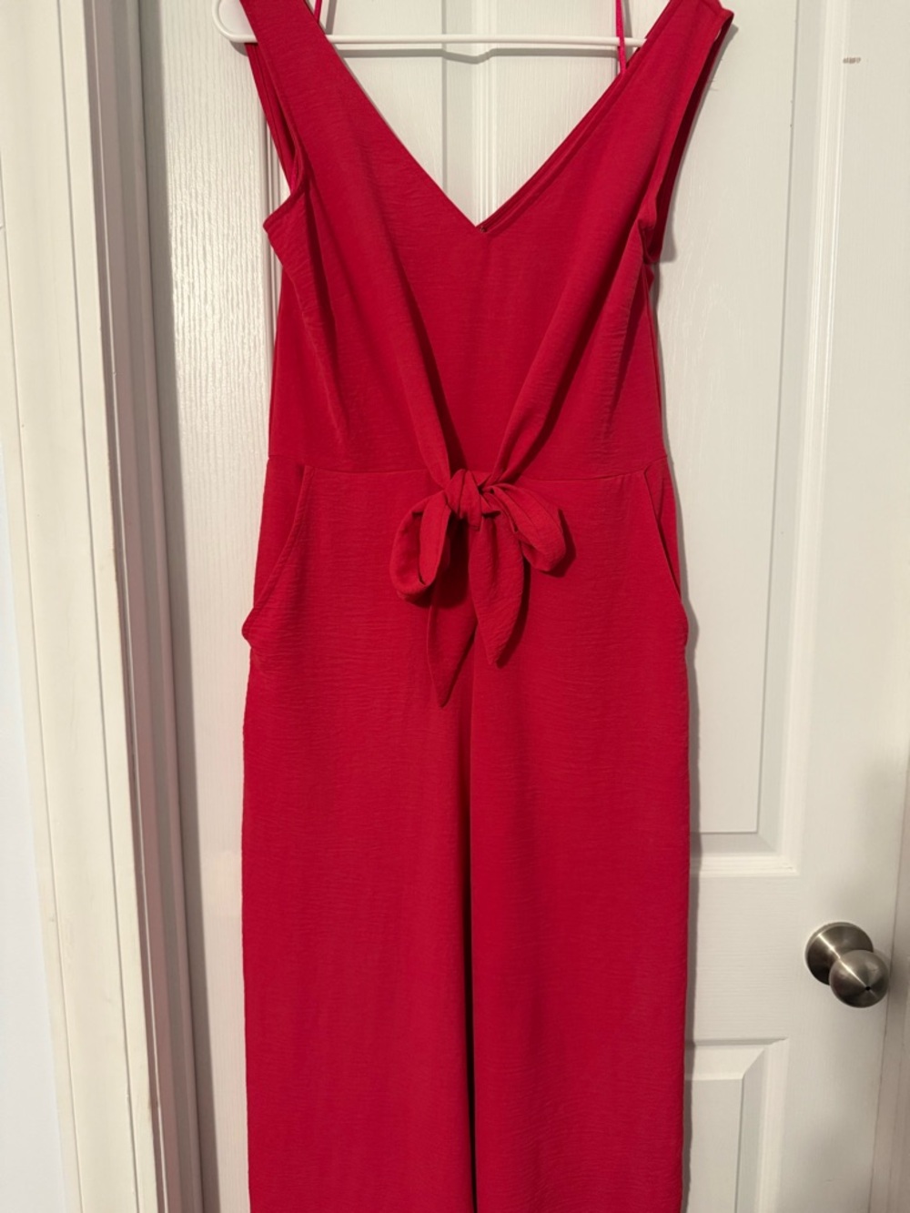 Pink V-Neck Tie-Waist Jumpsuit - Women's